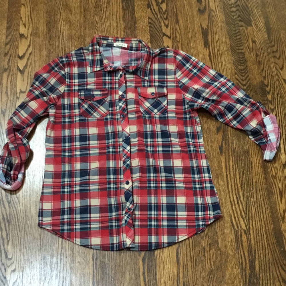 Red & Navy Plaid Button-Up Shirt